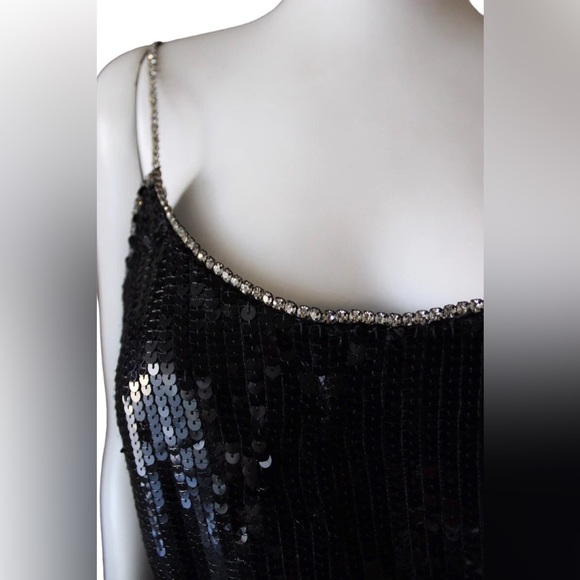 Saks 5th Ave vintage 1980s black sequin tank with rhinestone straps. Silk lining - Picture 5 of 6